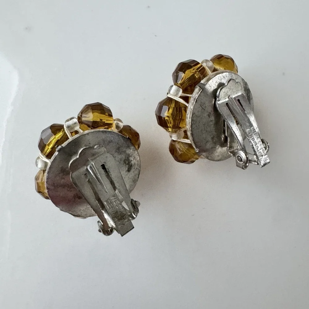 Vintage Amber Color‎ Beaded Cluster Clip Earrings Lucite Western Germany Classic